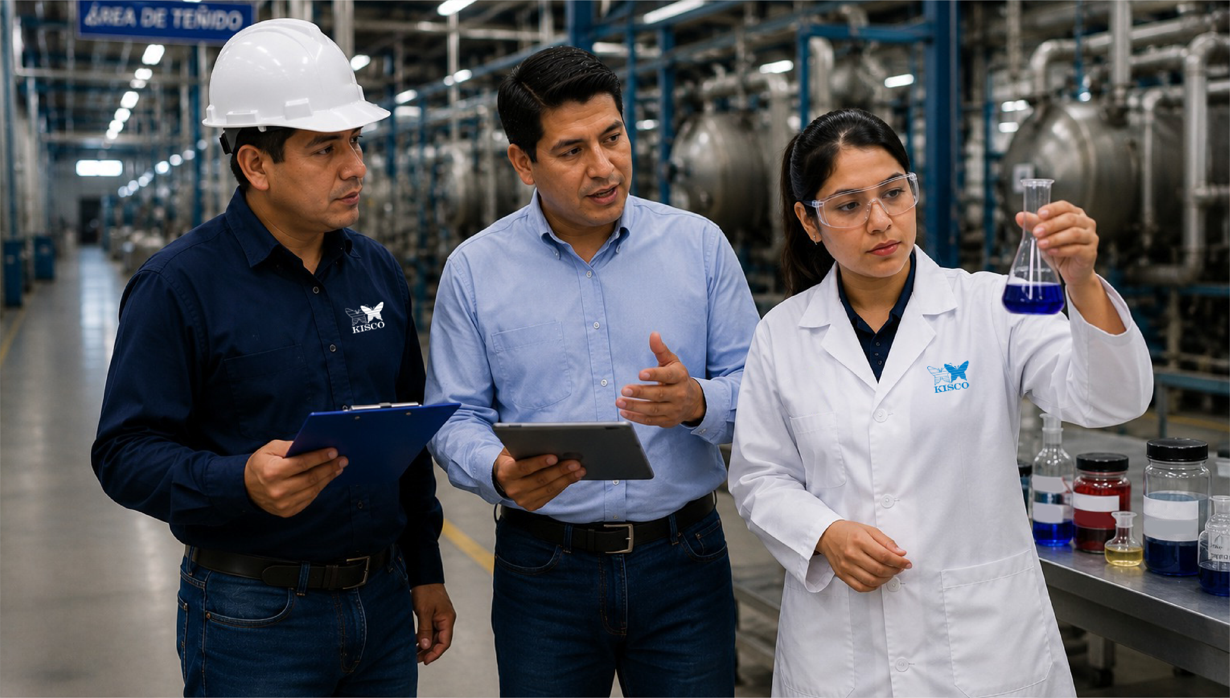 Equipo KISCO revisando una muestra en planta textil